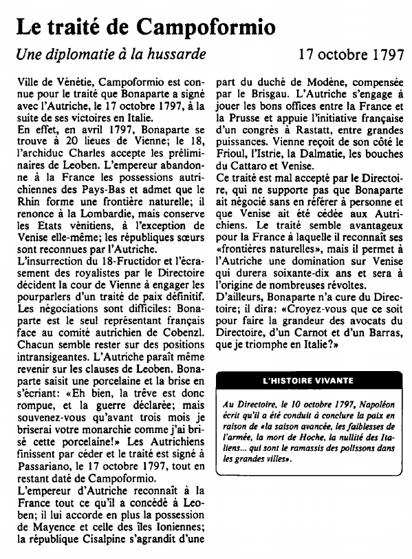 Prévisualisation du document Le traité de Campoformio:Une diplomatie à la hussarde.