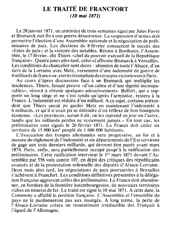 Prévisualisation du document LE TRAITÉ DE FRANCFORT(10 mai 1871) (histoire).