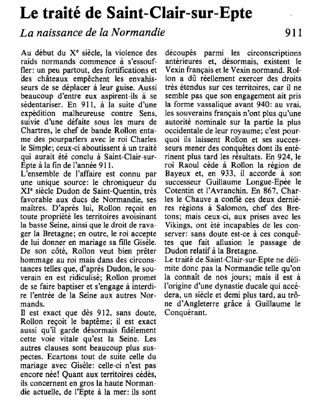 Prévisualisation du document Le traité de Saint-Clair-sur-EpteLa naissance de la Normandie.