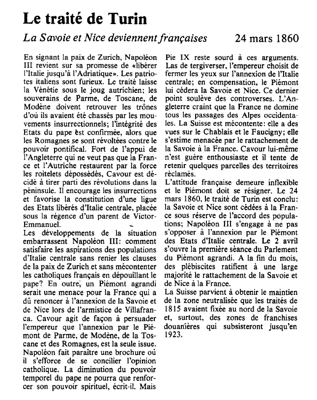 Prévisualisation du document Le traité de TurinLa Savoie et Nice deviennent françaises.
