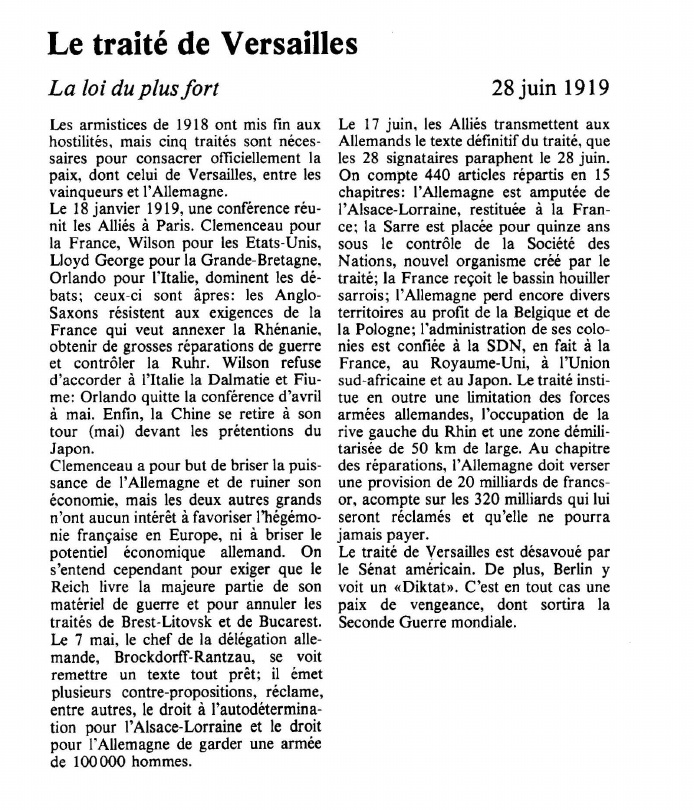 Prévisualisation du document Le traité de VersaillesLa loi du plus fort.