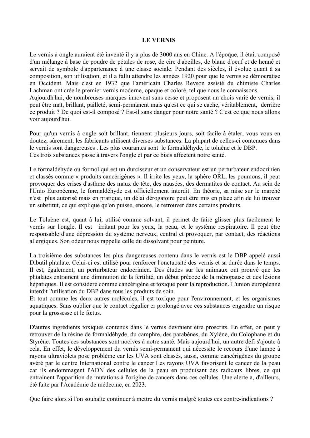 Prévisualisation du document Le vernis, un danger ?