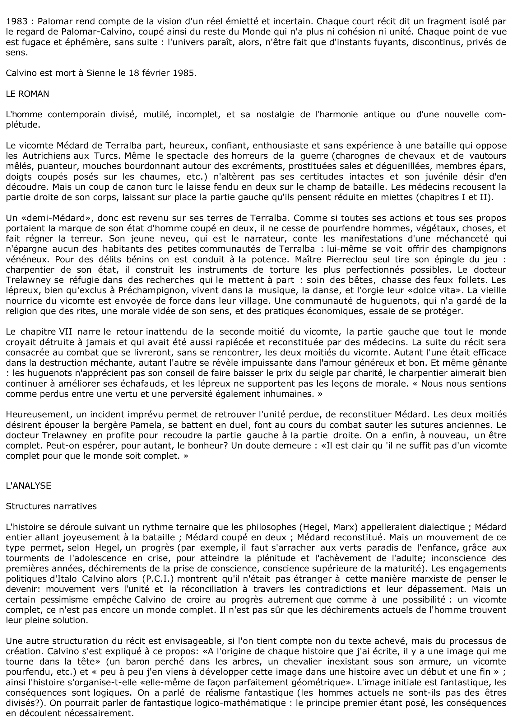 Prévisualisation du document Le Vicomte pourfendu d'Italo Calvino (Fiche de lecture)