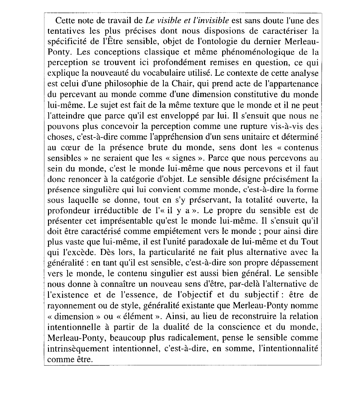 Prévisualisation du document Le visible et l'invisible, @ Gallimard, 1964, p. 271. Merleau-Ponty. Commentaire