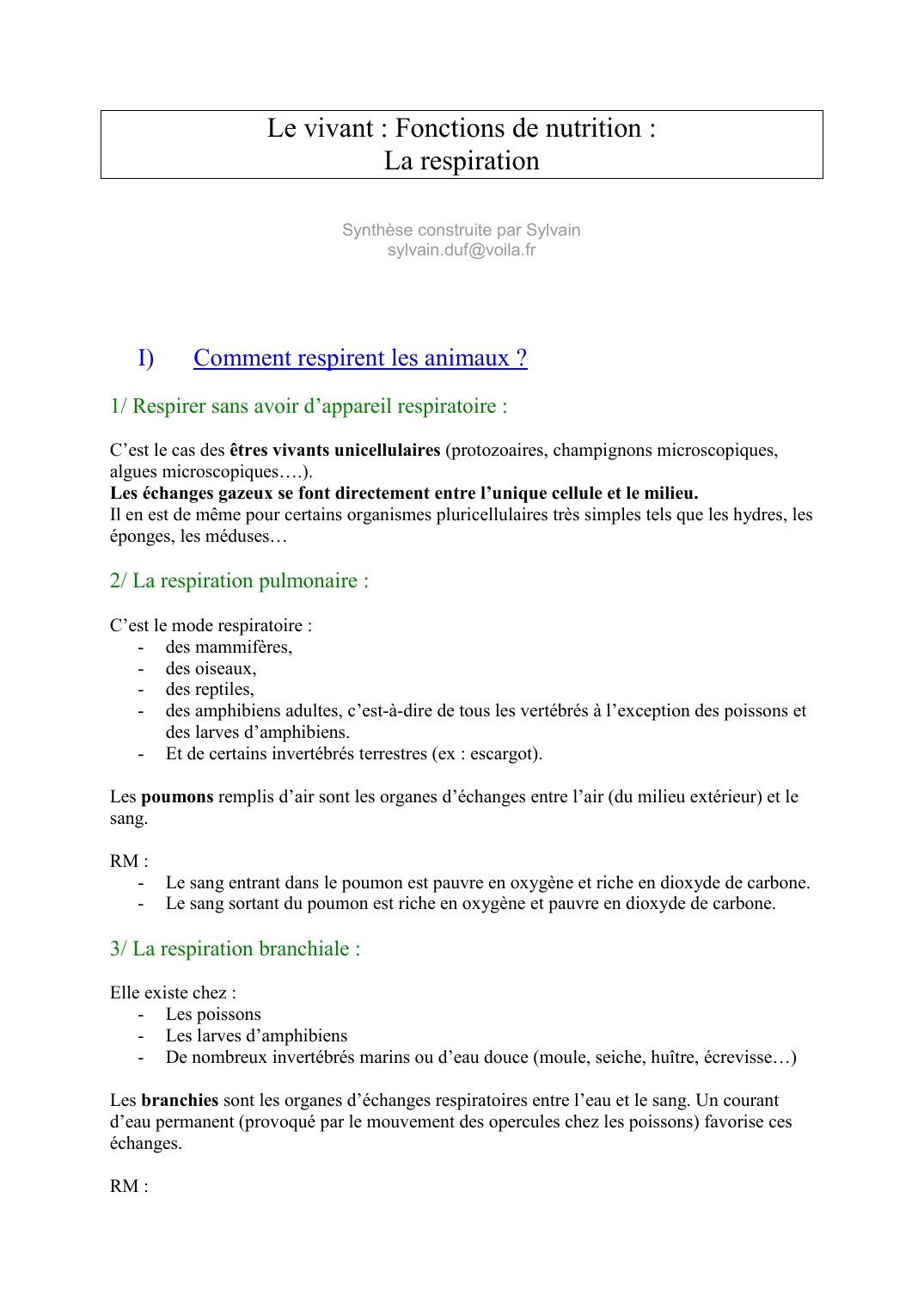 Prévisualisation du document Le vivant : Fonctions de nutrition :La respirationSynthèse construite par Sylvainsylvain.