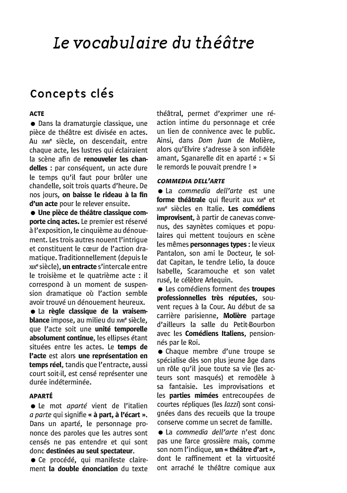 Prévisualisation du document Le vocabulaire du théâtre
Concepts clés
ACTE

• Dans la dramaturgie classique, une
pièce de théâtre est divisée en actes....