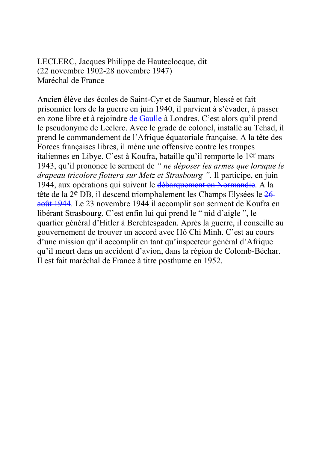 Prévisualisation du document LECLERC, Jacques Philippe de Hauteclocque, dit (22 novembre 1902-28 novembre