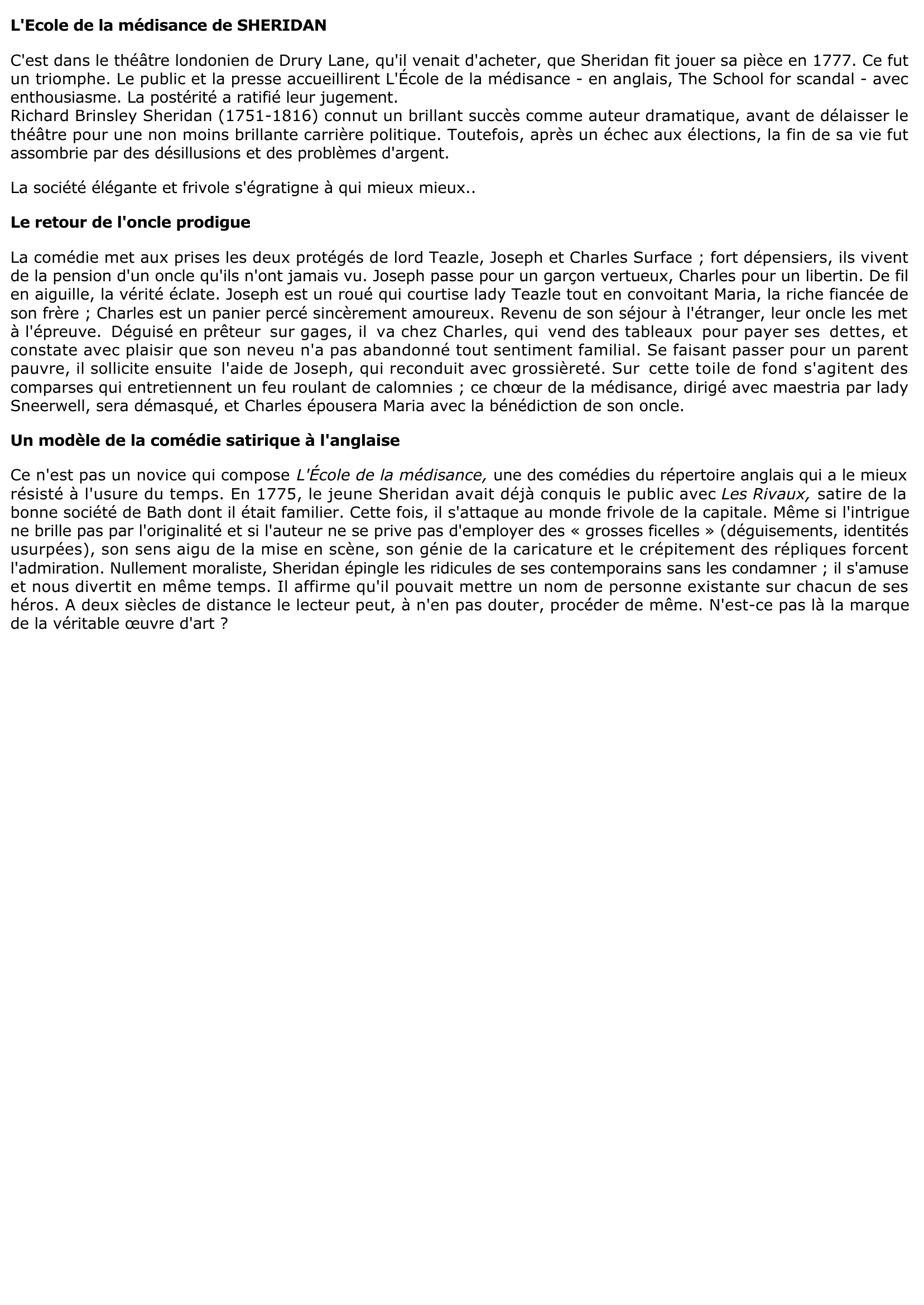 Prévisualisation du document L'Ecole de la médisance de SHERIDAN (Résumé & Analyse)