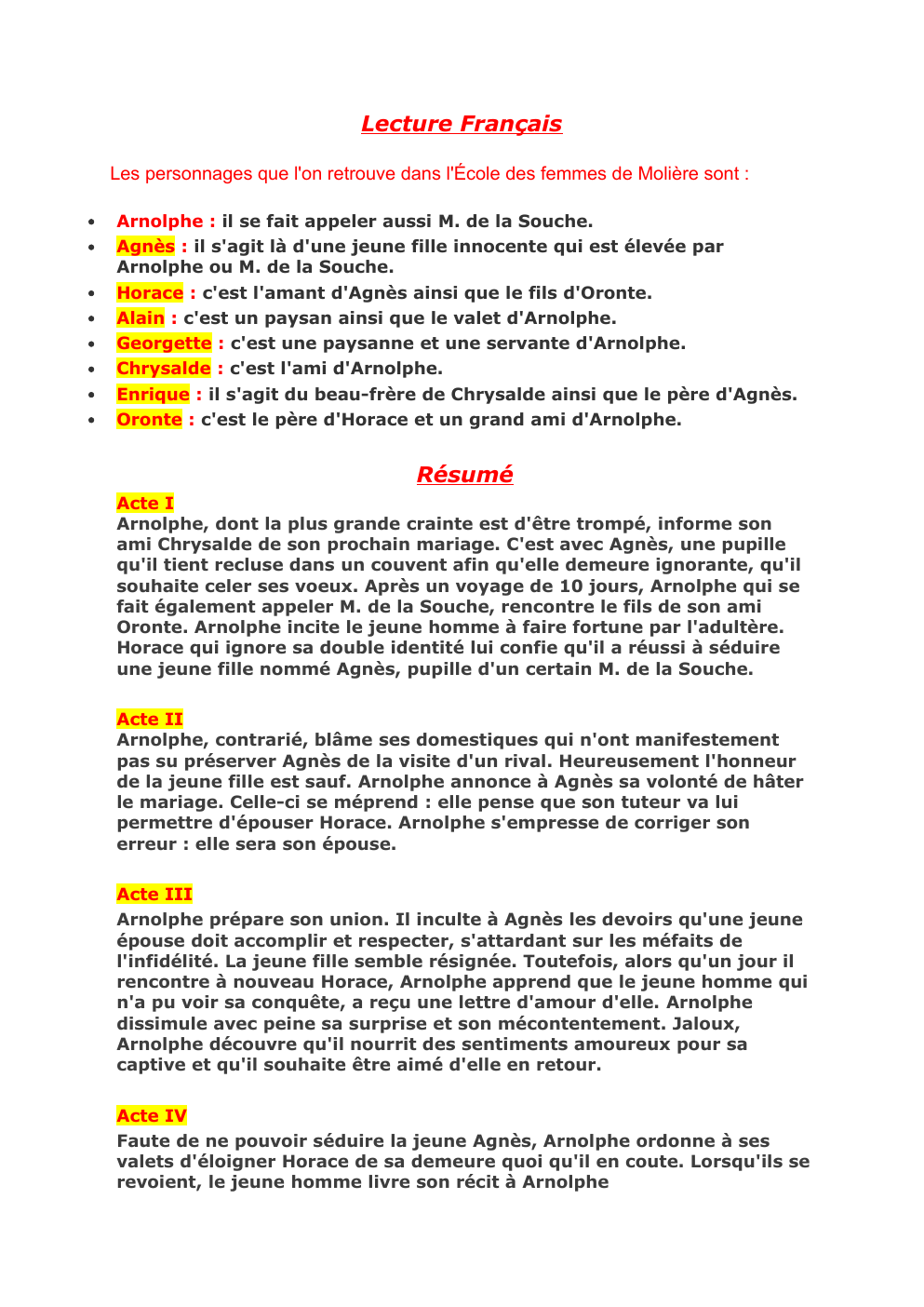 Prévisualisation du document L'école des femmes de Molière - Lecture Français