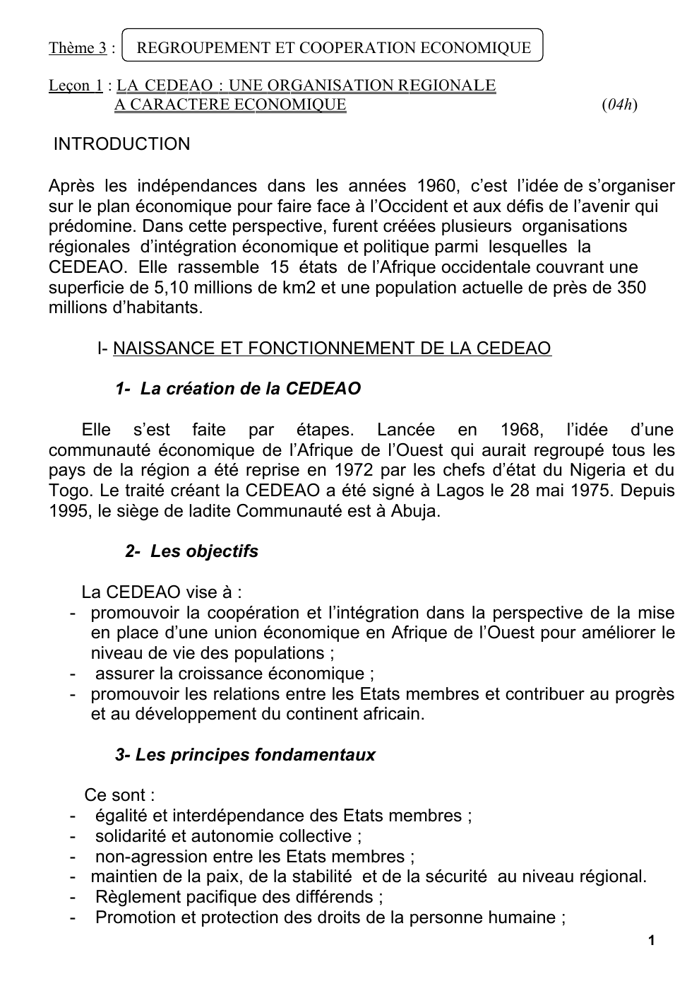 Prévisualisation du document Leçon 1 : LA CEDEAO : UNE ORGANISATION REGIONALE A CARACTERE ECONOMIQUE