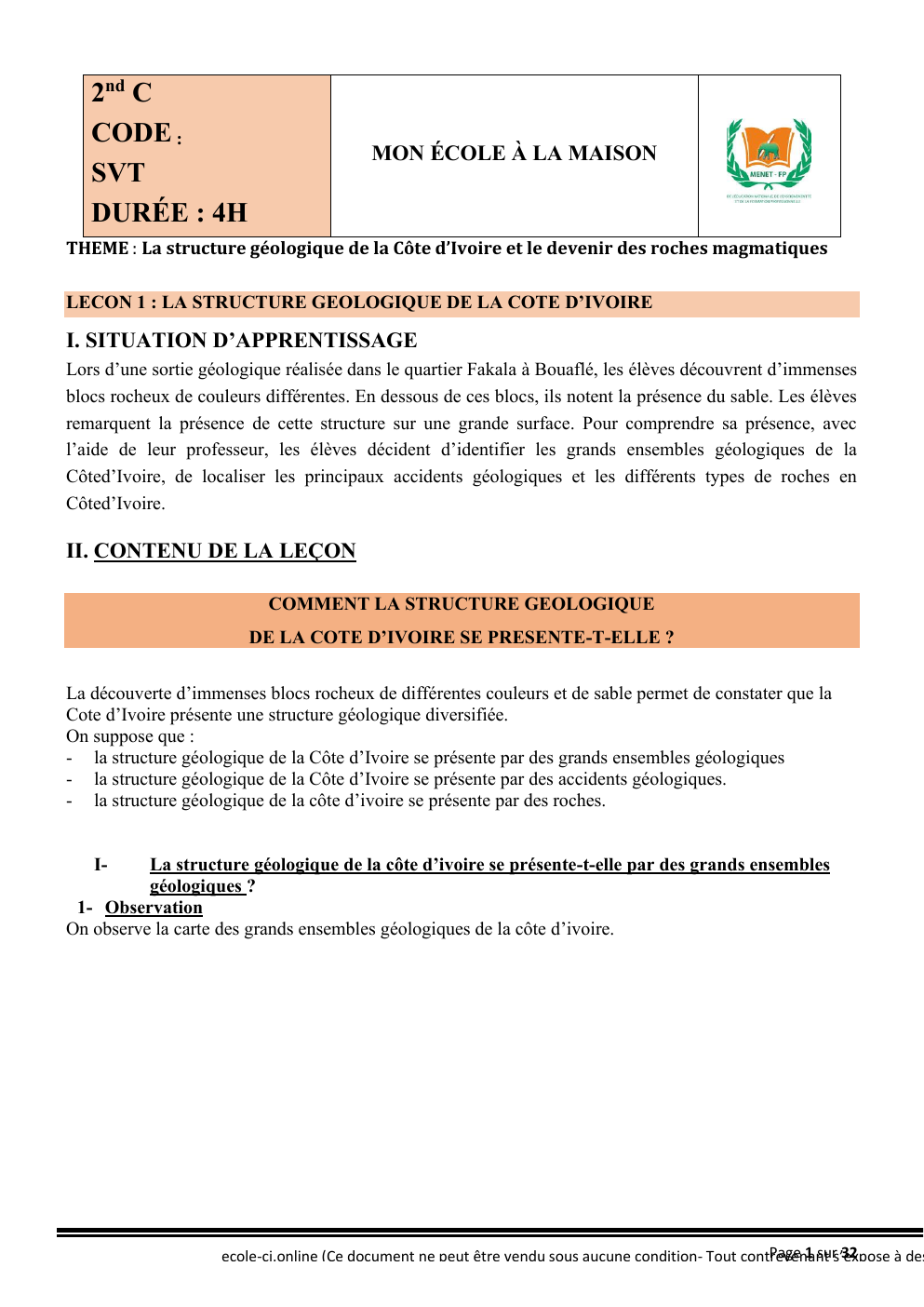 Prévisualisation du document LECON 1 : LA STRUCTURE GEOLOGIQUE DE LA COTE D’IVOIRE