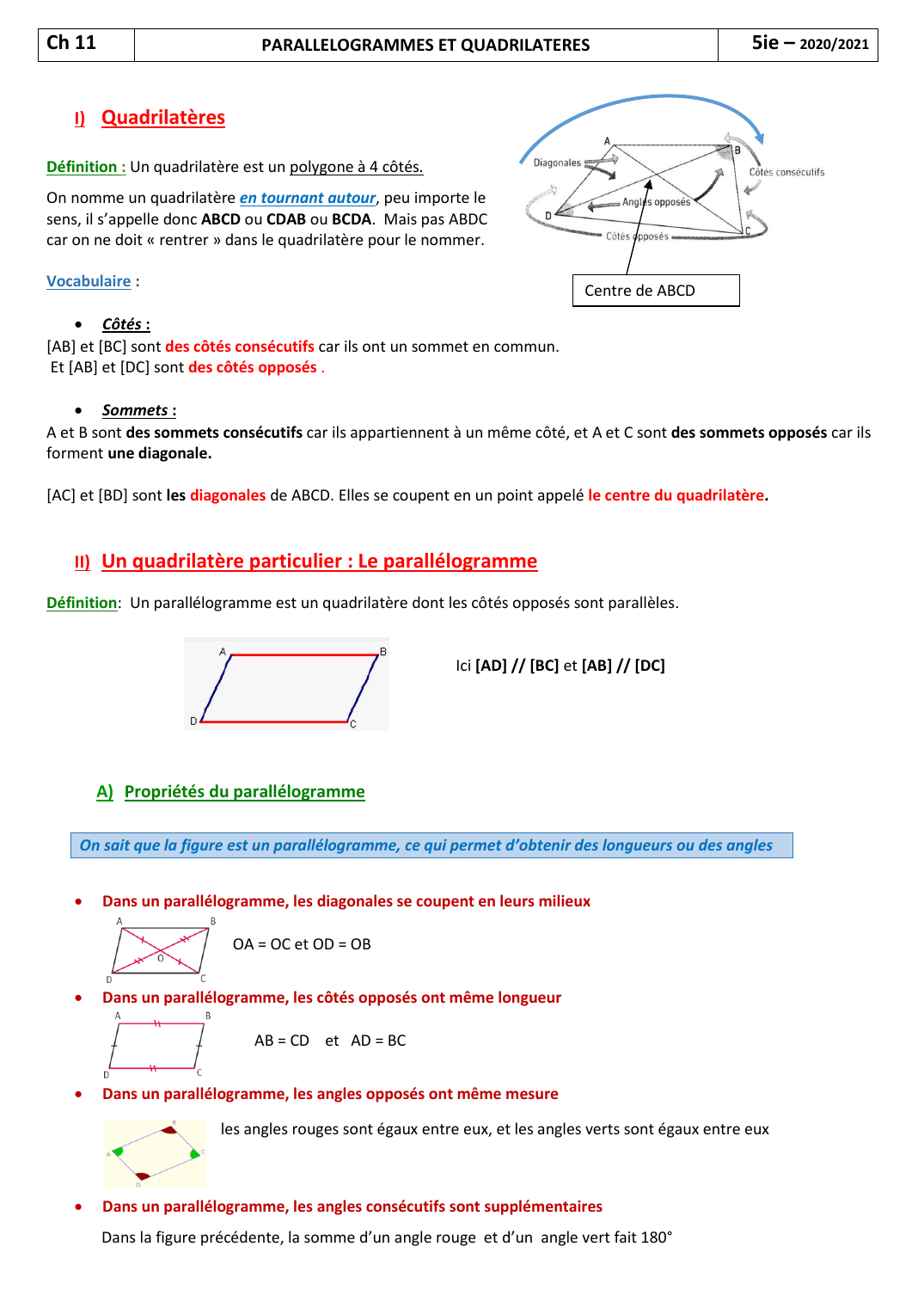 Prévisualisation du document Leçon de mathématiques: PARALLELOGRAMMES ET QUADRILATERES