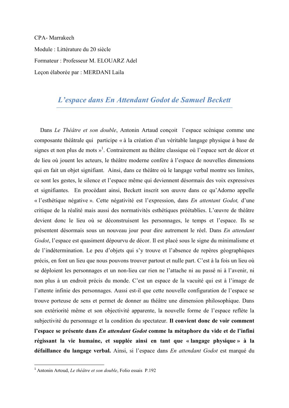 Prévisualisation du document Leçon littéraire sur l'espace dans en attendant Godot