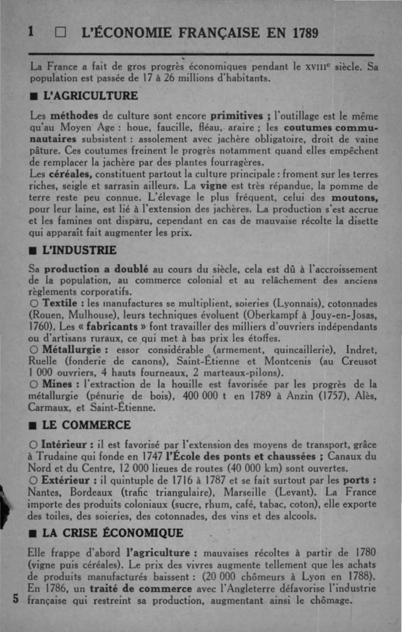 Prévisualisation du document L'ÉCONOMIE FRANÇAISE EN 1789 (cours et carte)