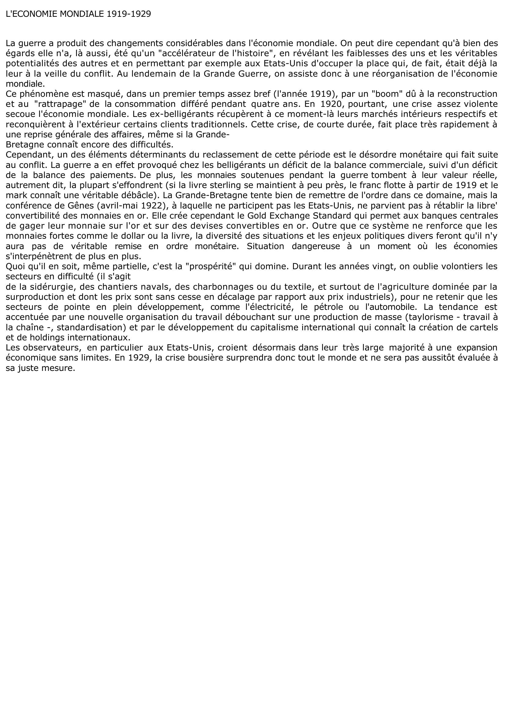 Prévisualisation du document L'ÉCONOMIE MONDIALE DE 1919 A 1929 (Histoire)