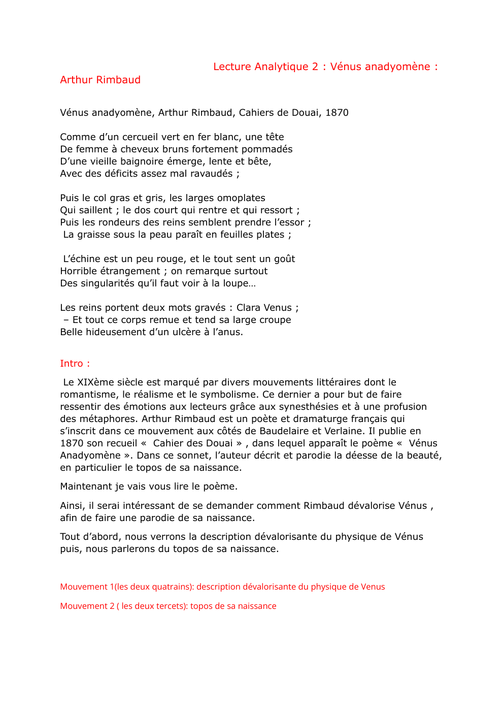 Prévisualisation du document Lecture Analytique 2 : Vénus anadyomène : Arthur Rimbaud