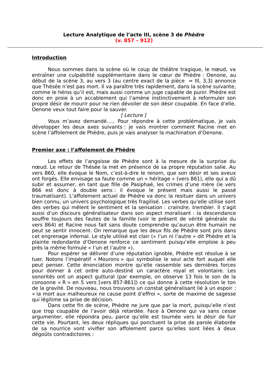 Prévisualisation du document Lecture Analytique de l’acte III, scène 3 de Phèdre(v. 857 – 912)