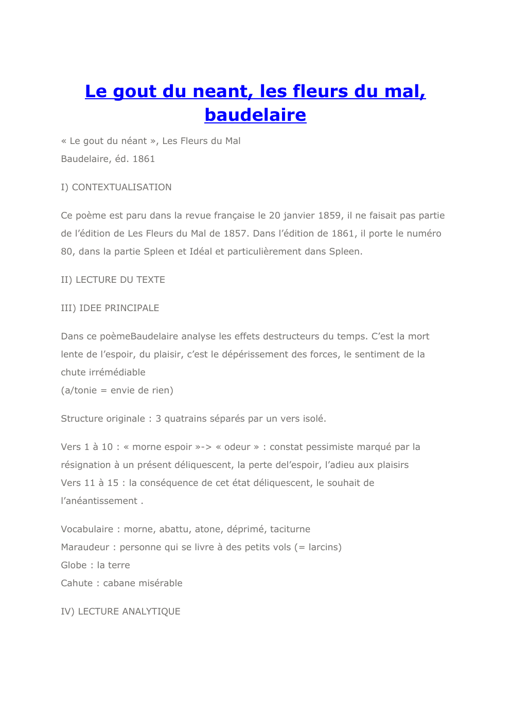 Prévisualisation du document Lecture analytique du poème "Le goût du néant" de Charles Baudelaire