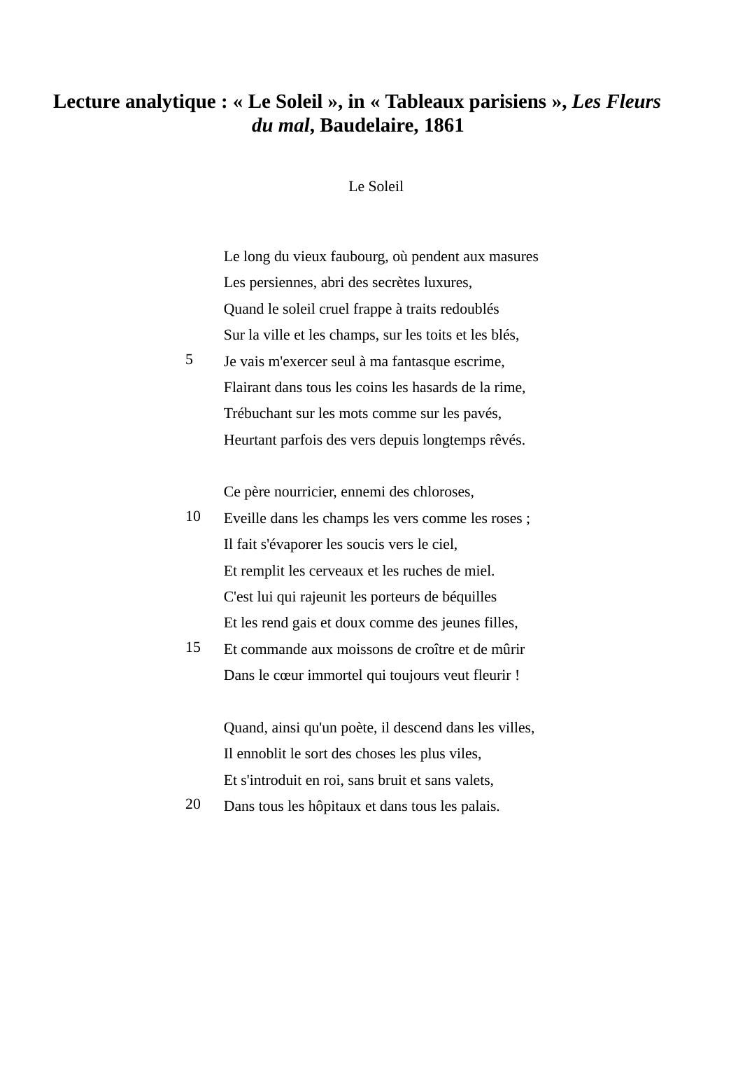 Prévisualisation du document Lecture analytique : «Le Soleil», in «Tableaux parisiens», Les Fleursdu mal, Baudelaire, 1861
