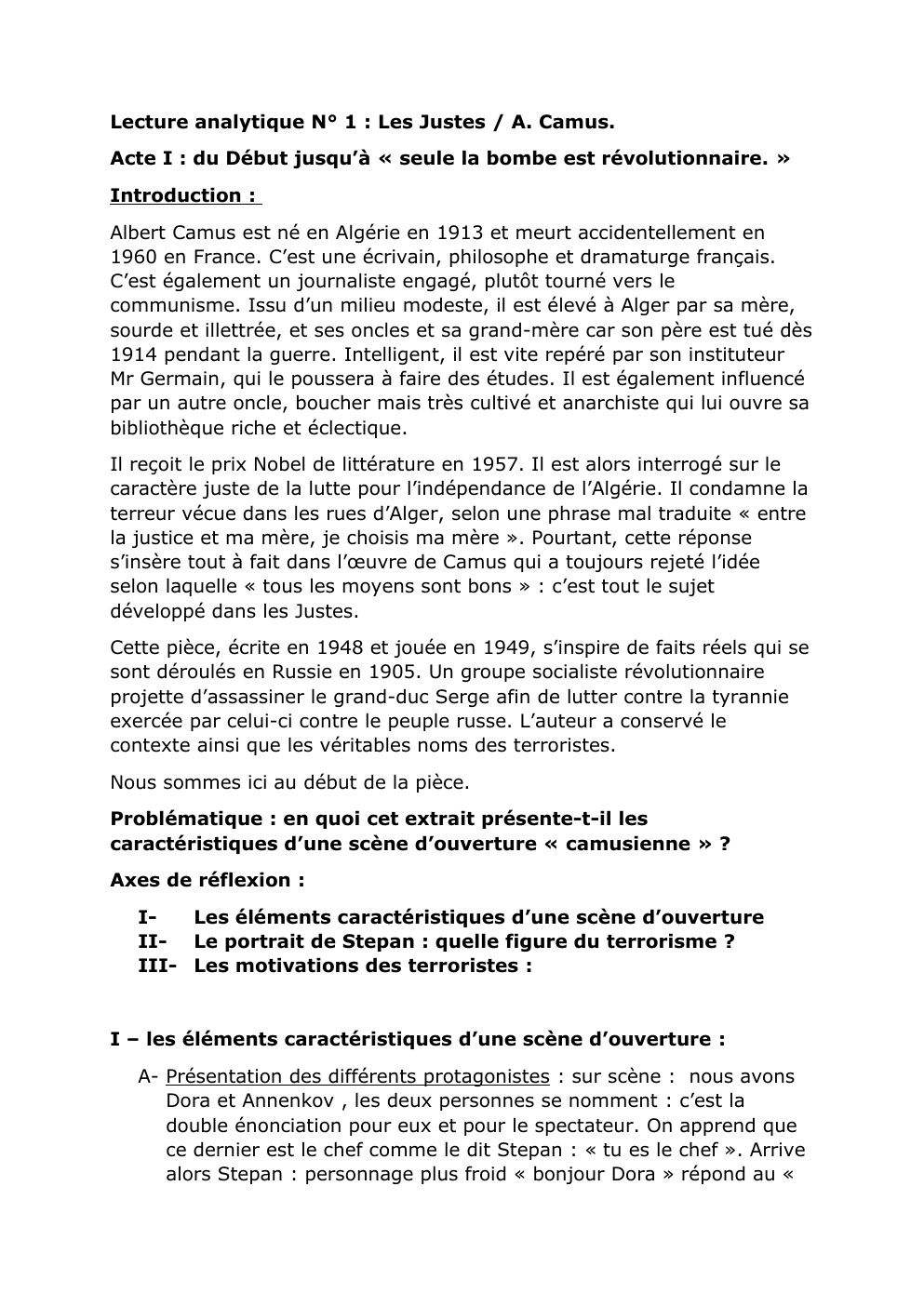 Prévisualisation du document Lecture analytique Les justes Albert Camus/ Acte I