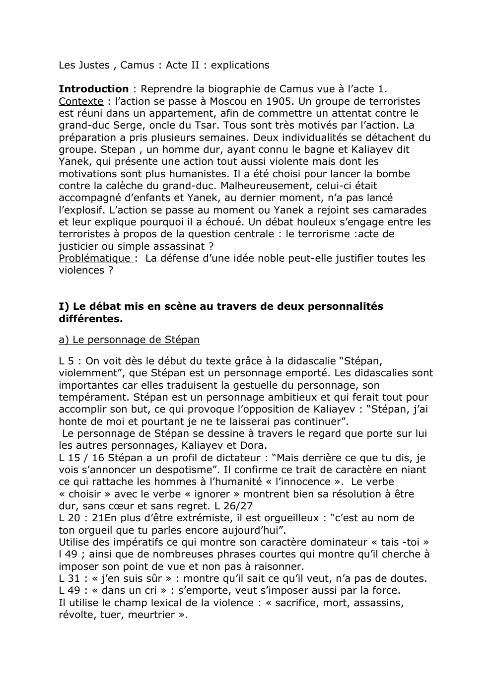 Prévisualisation du document Lecture analytique Les justes Albert Camus/ Acte II