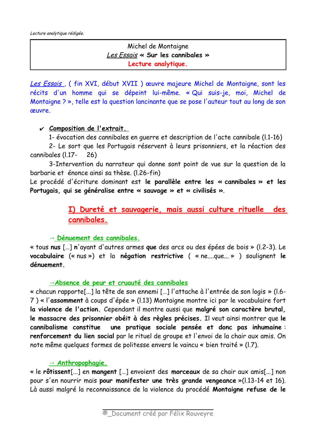 Prévisualisation du document Lecture analytique Michel de Montaigne, Les Essais, Sur les cannibales, livre 1, chapitre XXXI