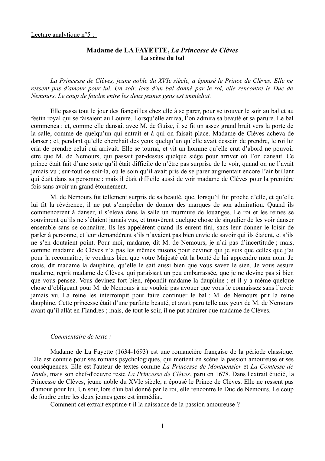 Prévisualisation du document Lecture analytique n°5 : Madame de LA FAYETTE, La Princesse de Clèves La scène du bal