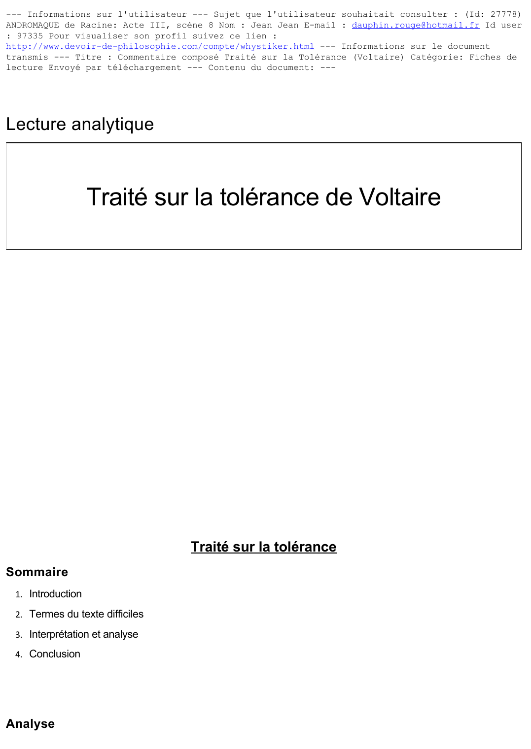 Prévisualisation du document Lecture analytique
 
Traité sur la tolérance de Voltaire