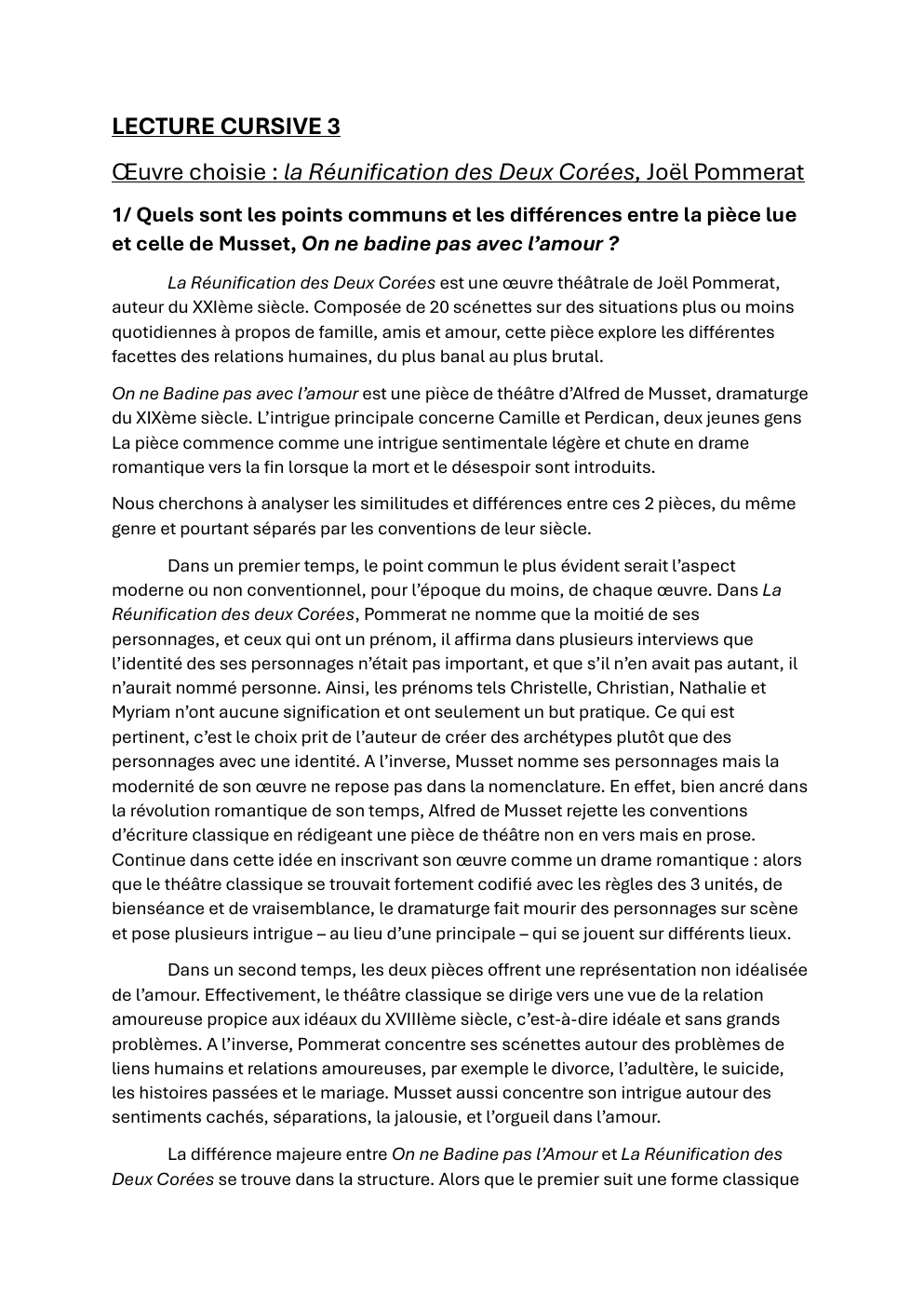 Prévisualisation du document Lecture Cursive de La Réunification des deux Corées de Joel Pommerat et analyse comparative avec On ne badine pas avec l'amour de Musset