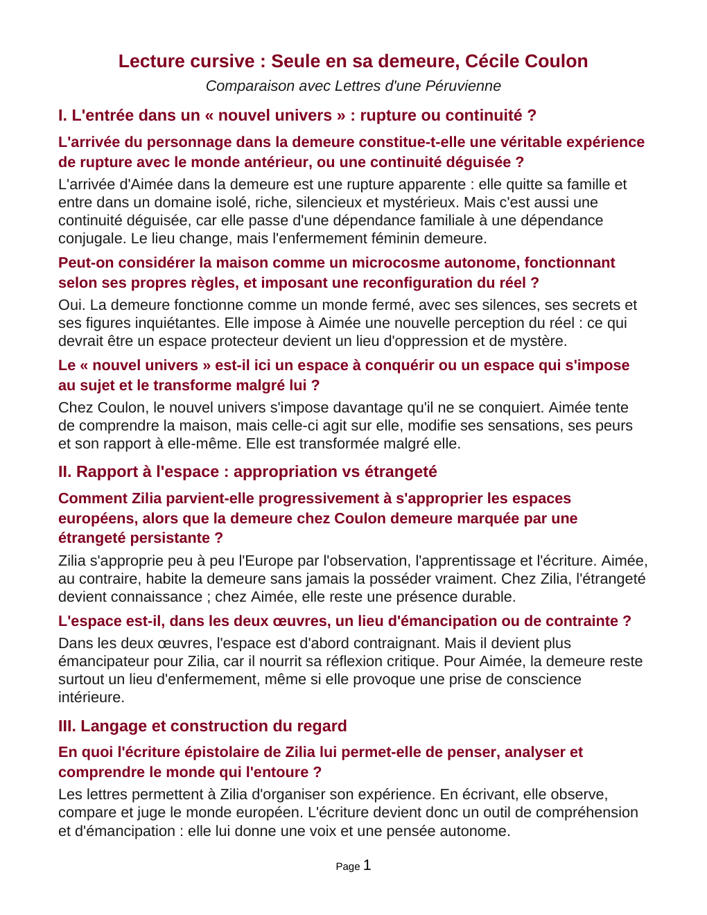 Prévisualisation du document Lecture cursive : Seule en sa demeure, Cécile Coulon Comparaison avec Lettres d'une Péruvienne