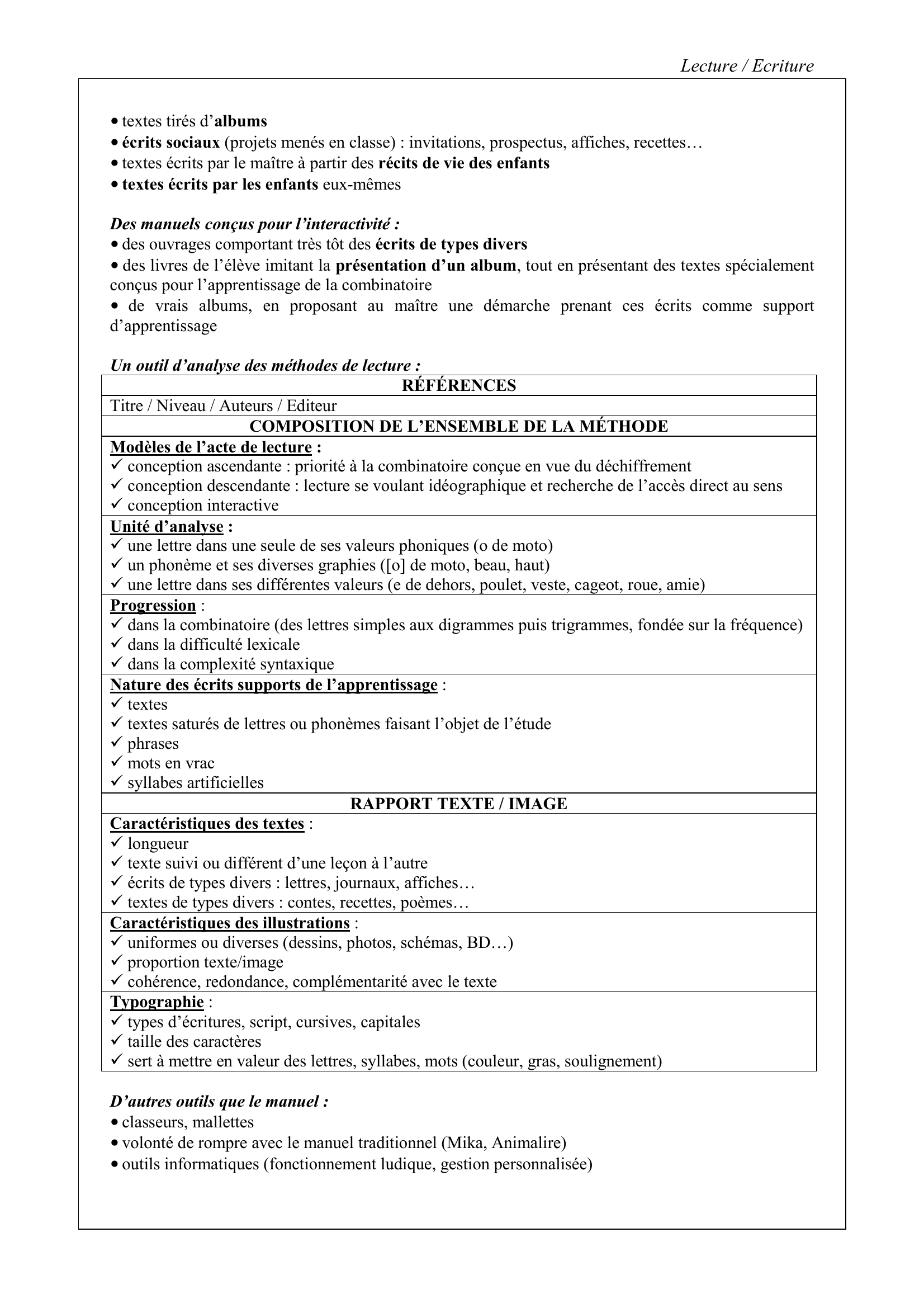 Prévisualisation du document Lecture / Ecriture
APPRENDRE A LIRE : MÉTHODE ET SUPPORTS
Les différentes