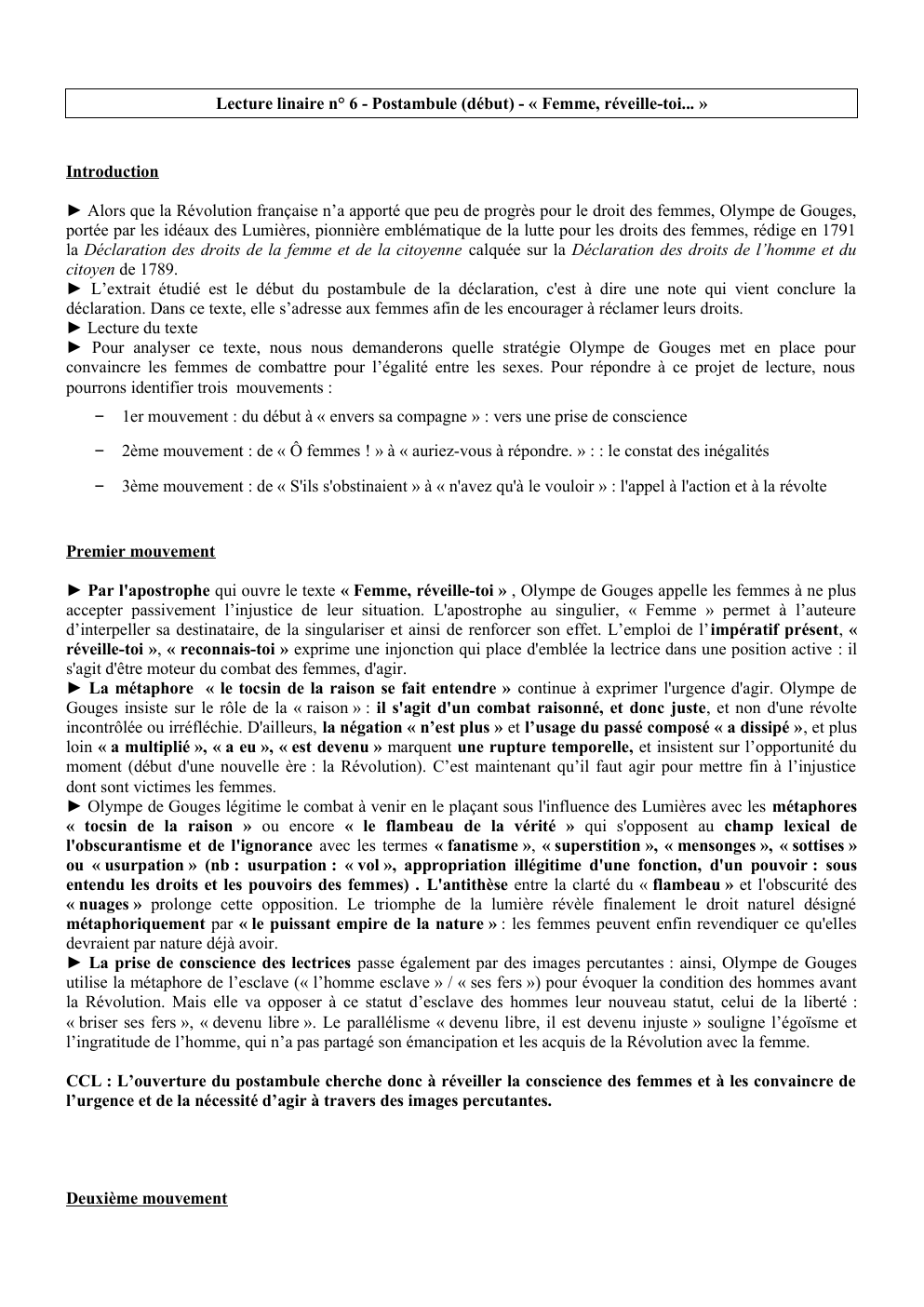 Prévisualisation du document Lecture linaire n° 6 - Postambule (début) - « Femme, réveille-toi... »