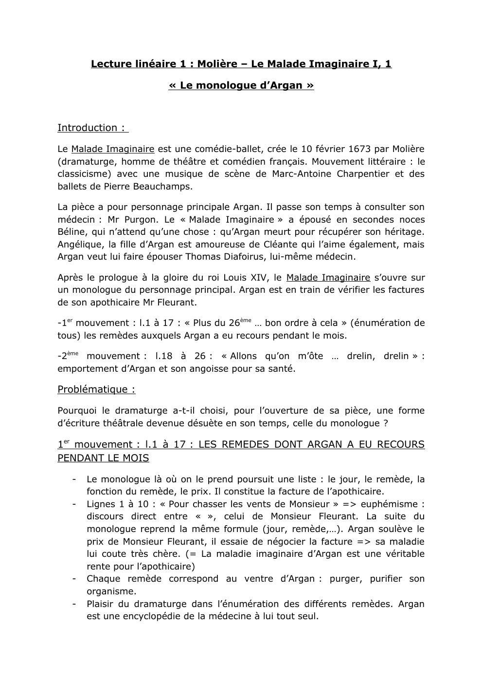 Prévisualisation du document Lecture linéaire 1 : Molière – Le Malade Imaginaire I, 1 « Le monologue d’Argan »