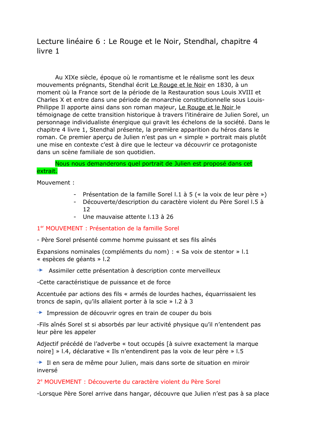 Prévisualisation du document Lecture linéaire 6 : Le Rouge et le Noir, Stendhal, chapitre 4 livre 1