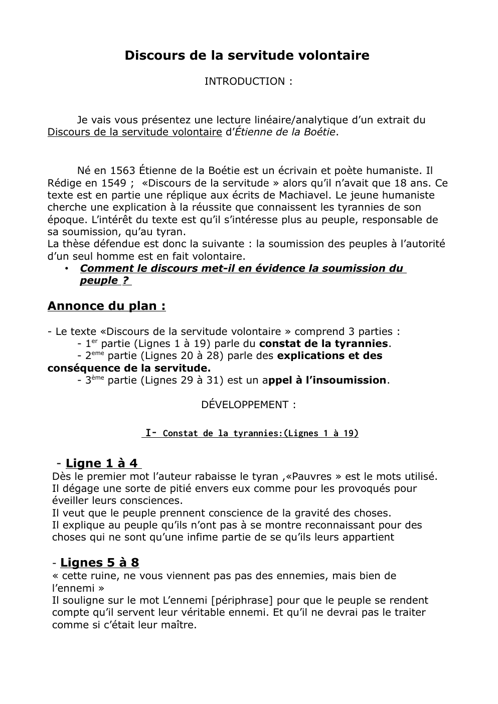 Prévisualisation du document lecture linéaire/analytique d’un extrait du Discours de la servitude volontaire d’Étienne de la Boétie