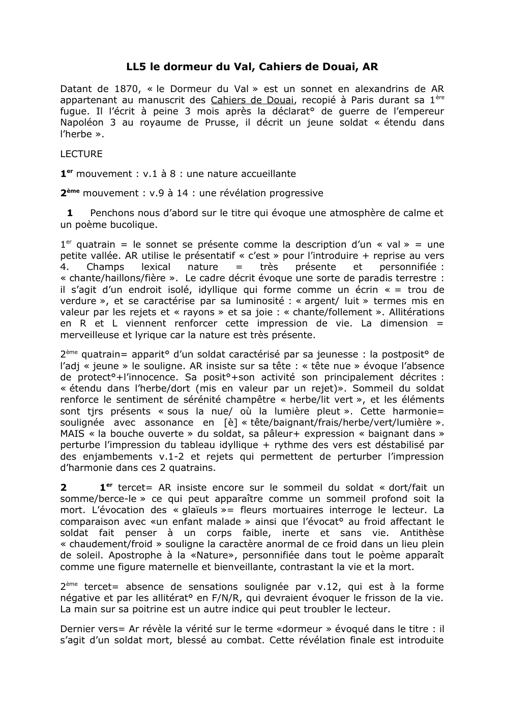 Prévisualisation du document Lecture linéaire Artur Rimbaud - LL5 le dormeur du Val, Cahiers de Douai, AR