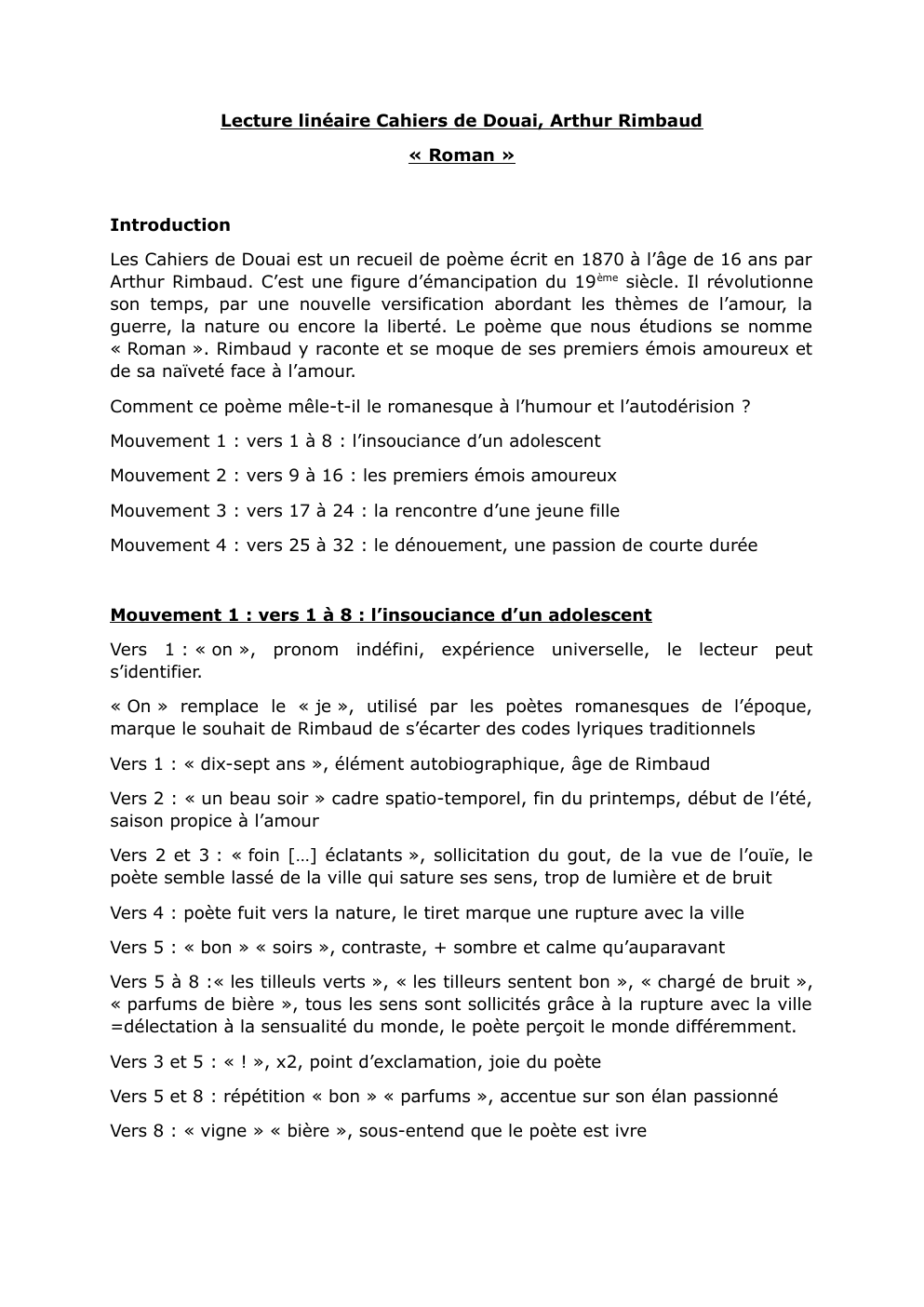 Prévisualisation du document Lecture linéaire Cahiers de Douai, Arthur Rimbaud « Roman »