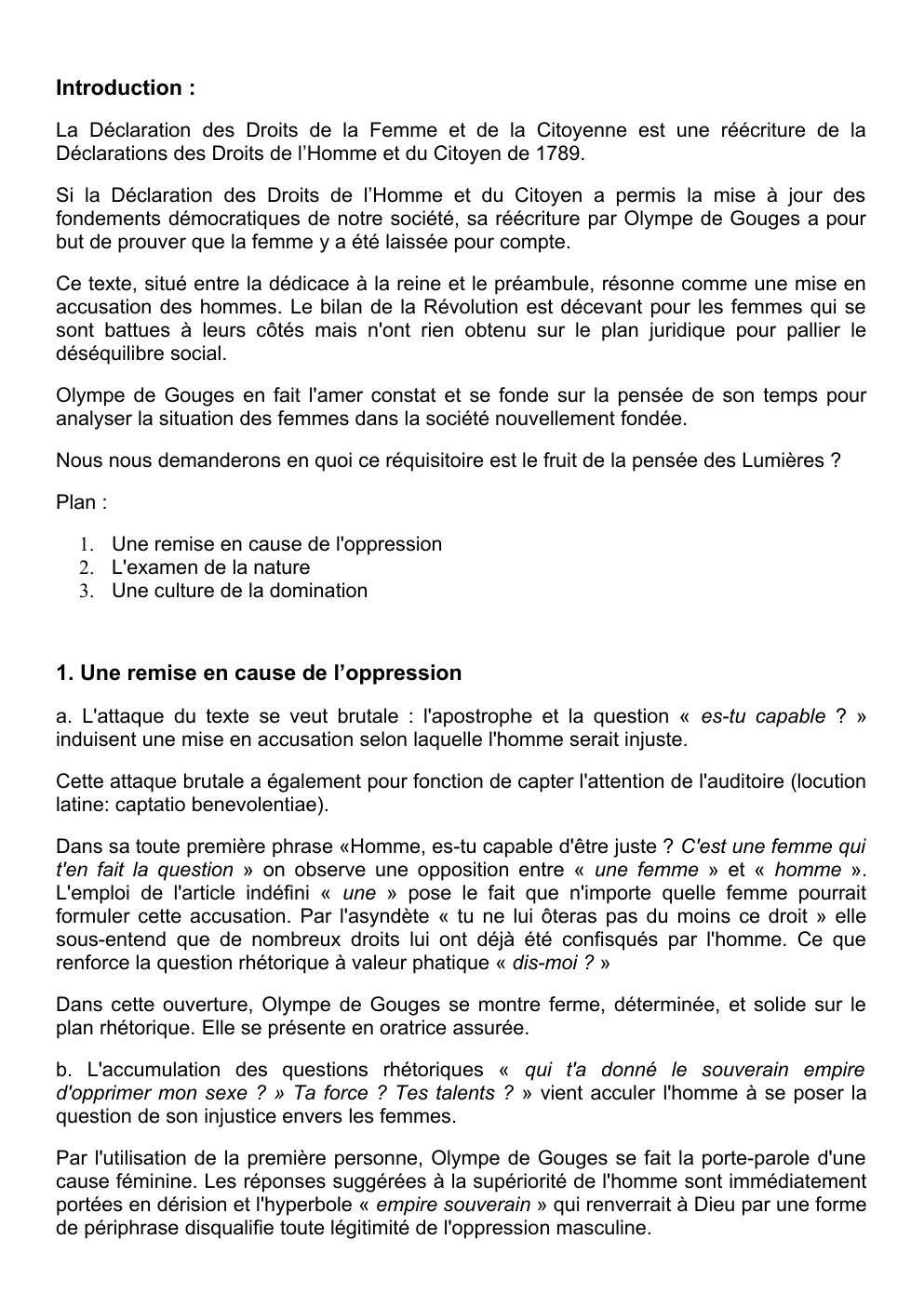 Prévisualisation du document Lecture linéaire DDFC Olympe de Gouges