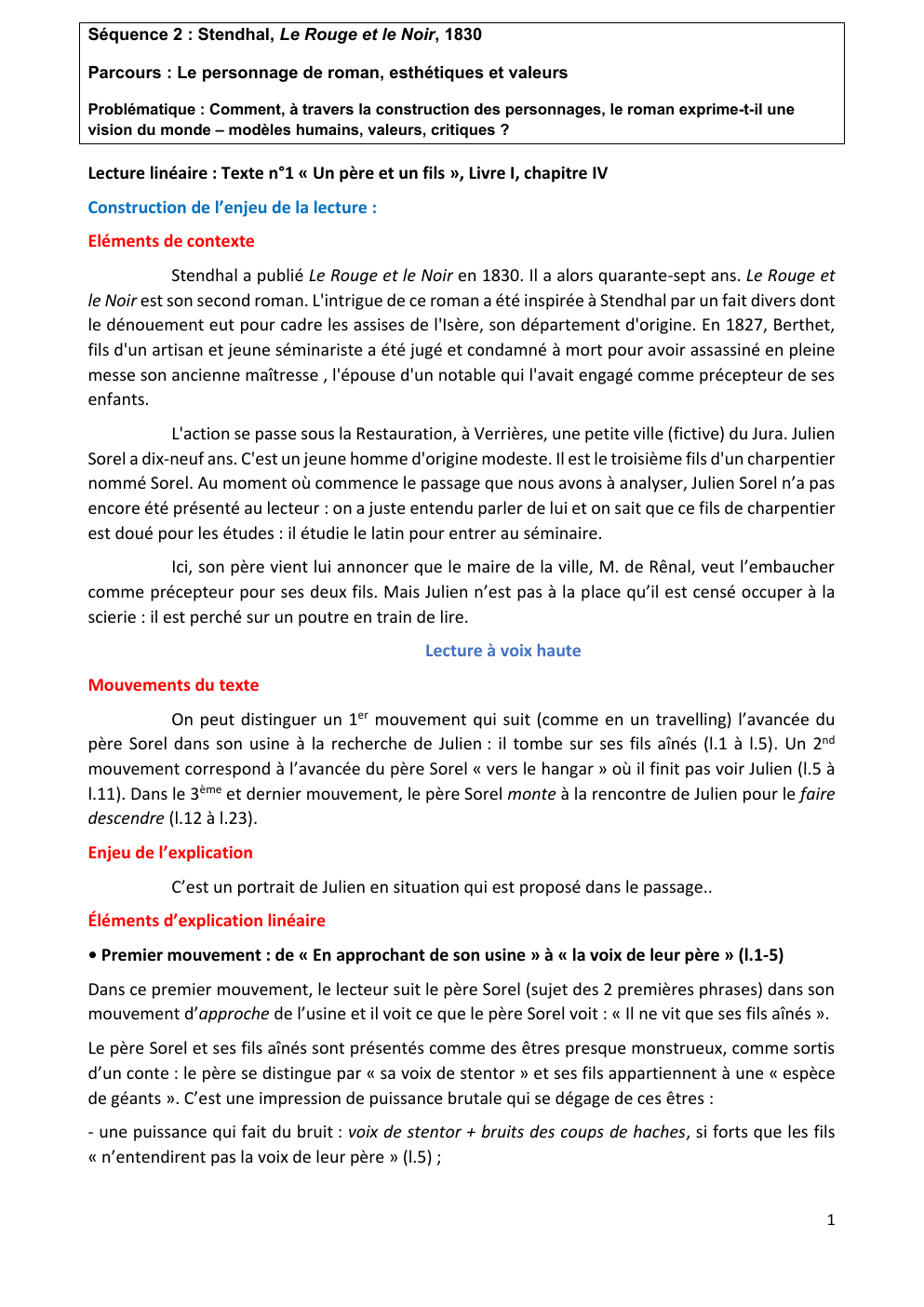 Prévisualisation du document Lecture linéaire de l’extrait tiré du chapitre IV, livre I du roman de Stendhal Le Rouge et le Noir.