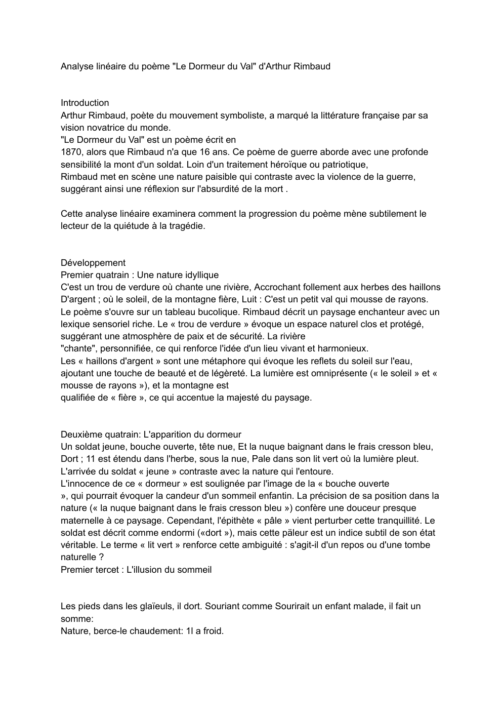 Prévisualisation du document lecture linéaire dormeur du val