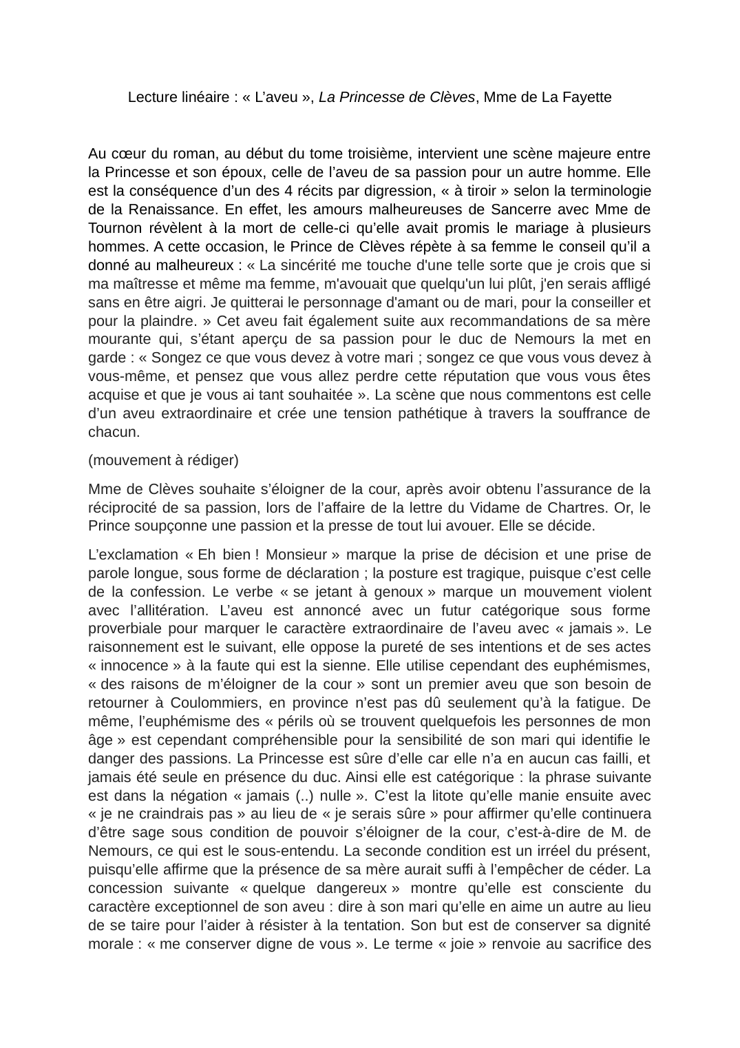 Prévisualisation du document Lecture linéaire : « L’aveu », La Princesse de Clèves, Mme de La Fayette