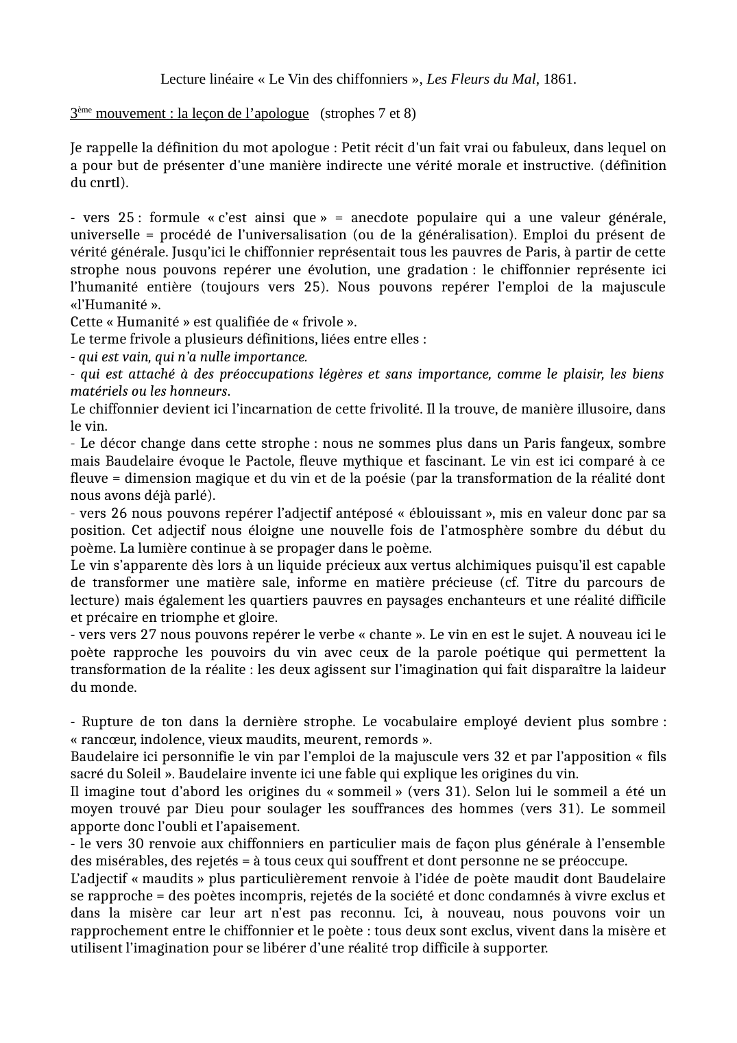 Prévisualisation du document lecture linéaire "Le Vin des chiffonniers" Baudelaire