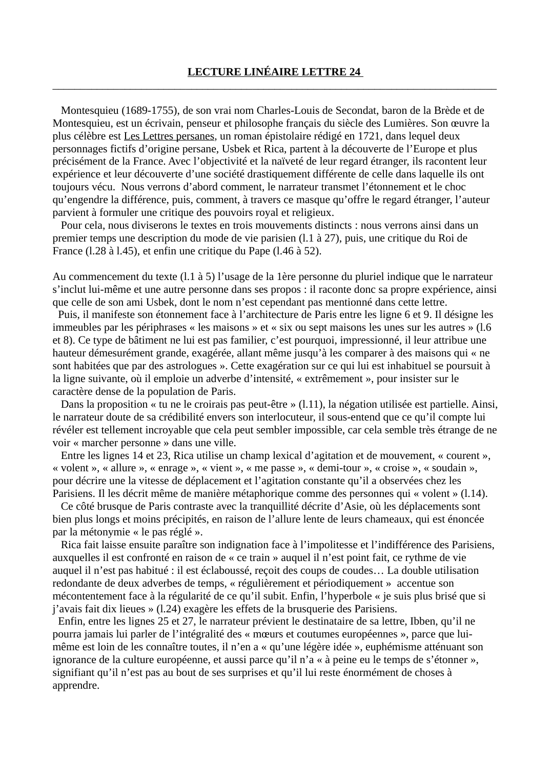 Prévisualisation du document LECTURE LINÉAIRE LETTRE 24 des "Lettres persanes" de Montesquieu