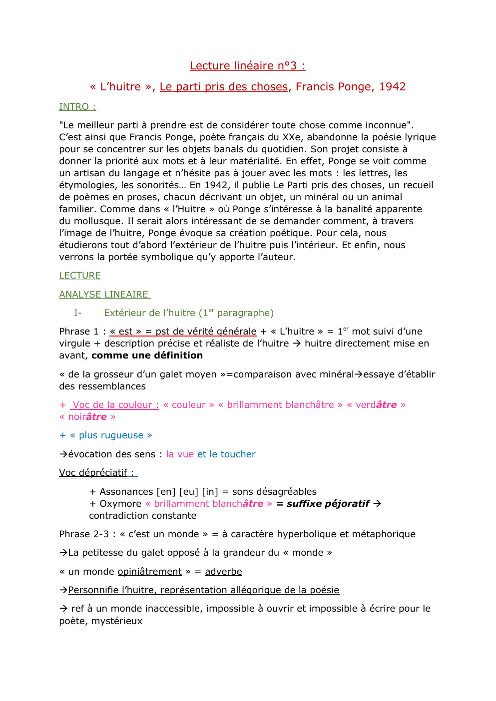 Prévisualisation du document Lecture linéaire L'Huitre Francis Ponge
