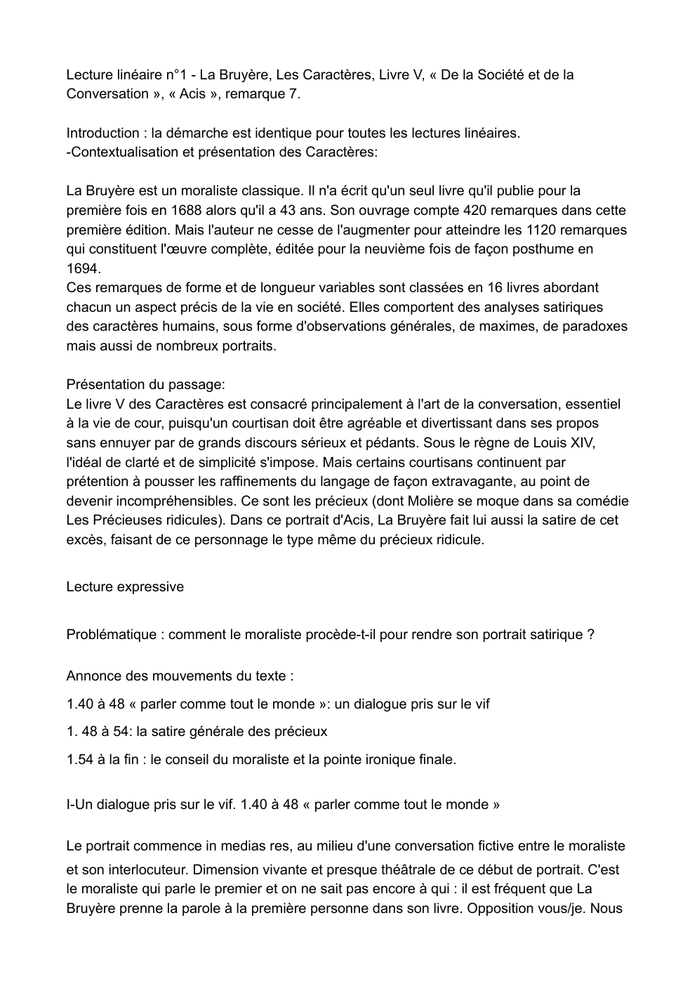 Prévisualisation du document Lecture linéaire n°1 - La Bruyère, Les Caractères, Livre V, « De la Société et de la Conversation », « Acis », remarque 7.