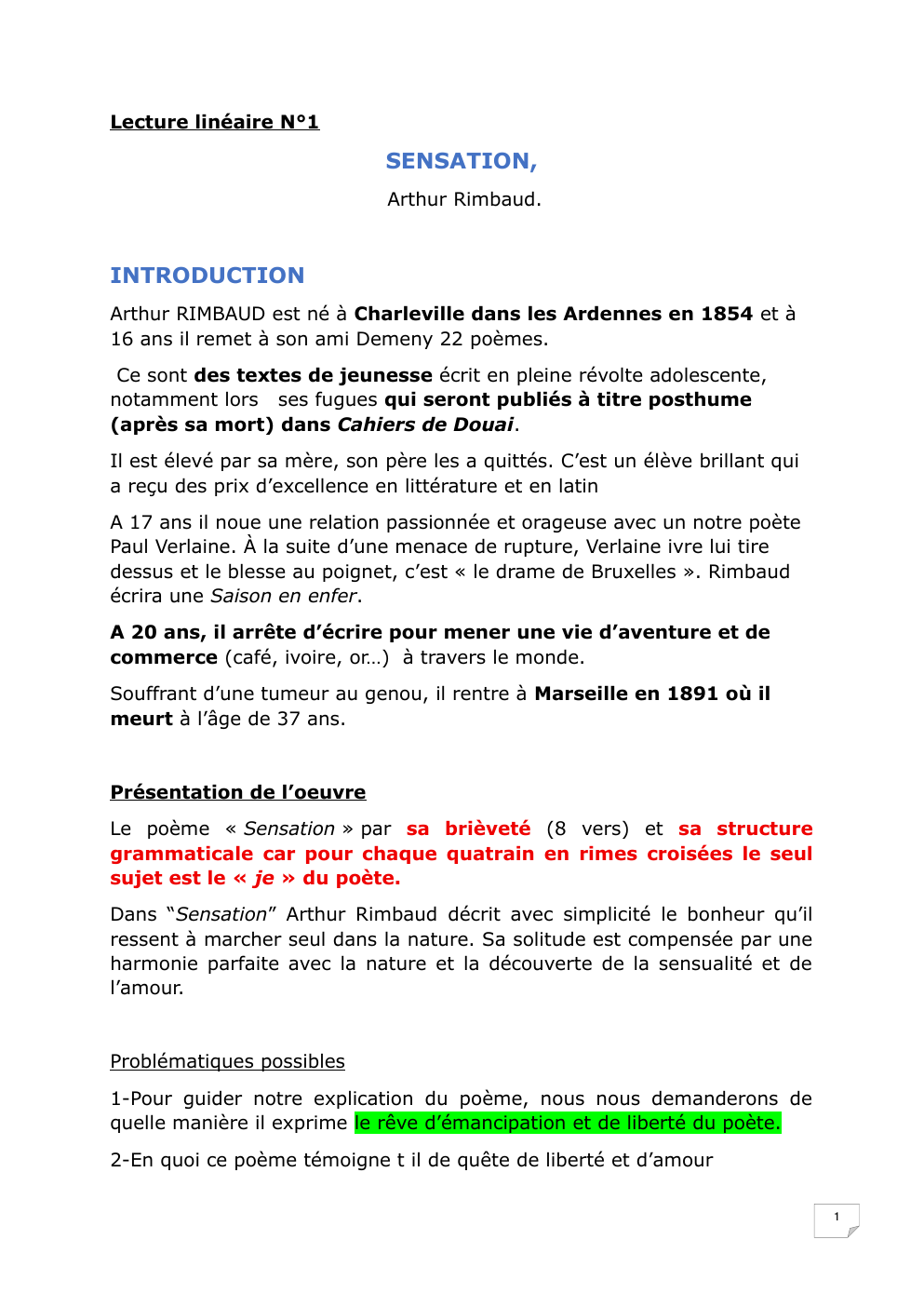 Prévisualisation du document Lecture linéaire N°1  SENSATION, Arthur Rimbaud.