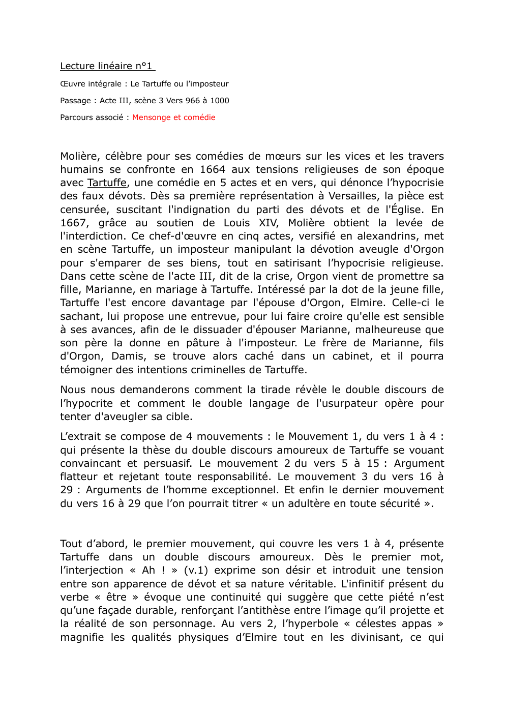 Prévisualisation du document Lecture linéaire n°1 Œuvre intégrale : Le Tartuffe ou l’imposteur Passage : Acte III, scène 3 Vers 966 à 1000