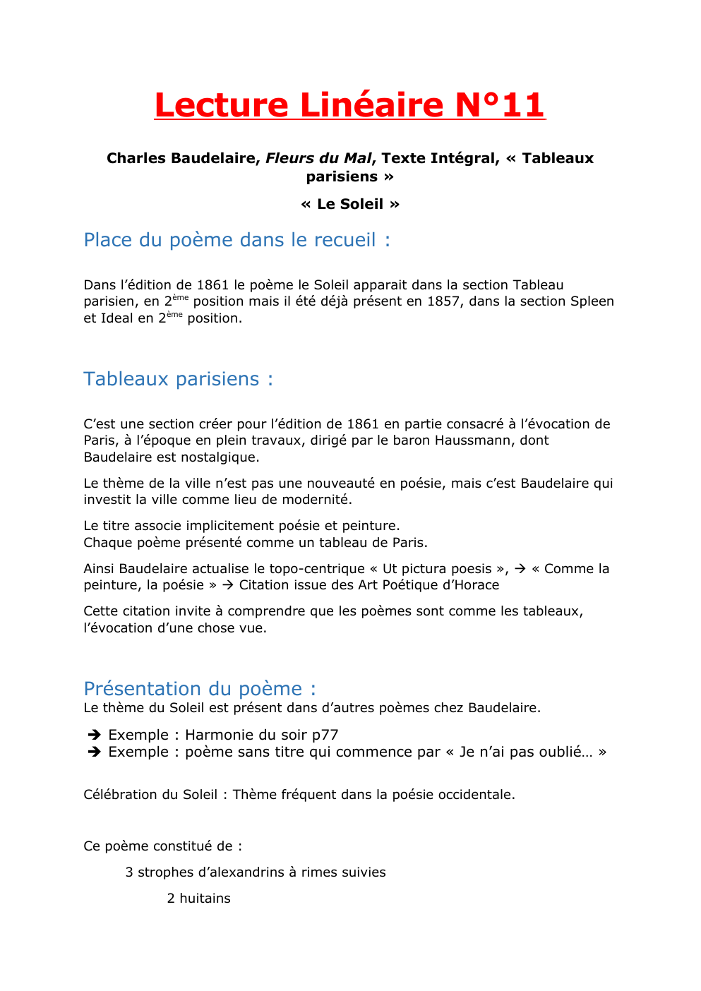 Prévisualisation du document Lecture Linéaire N°11 Charles Baudelaire, Fleurs du Mal, Texte Intégral, « Tableaux parisiens » « Le Soleil »