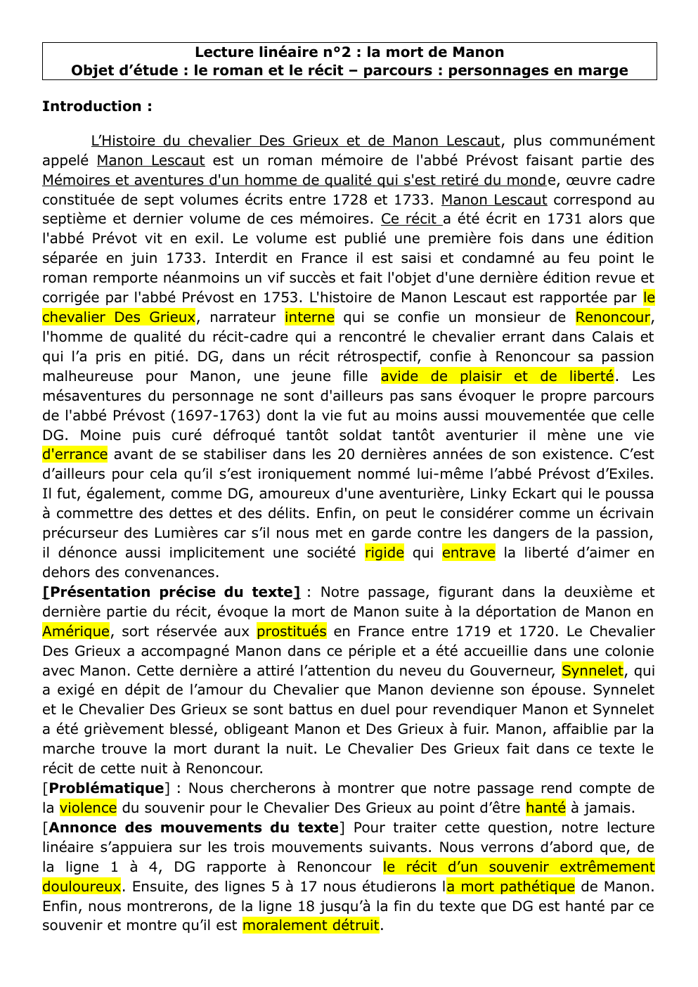 Prévisualisation du document Lecture linéaire n°2 : la mort de Manon