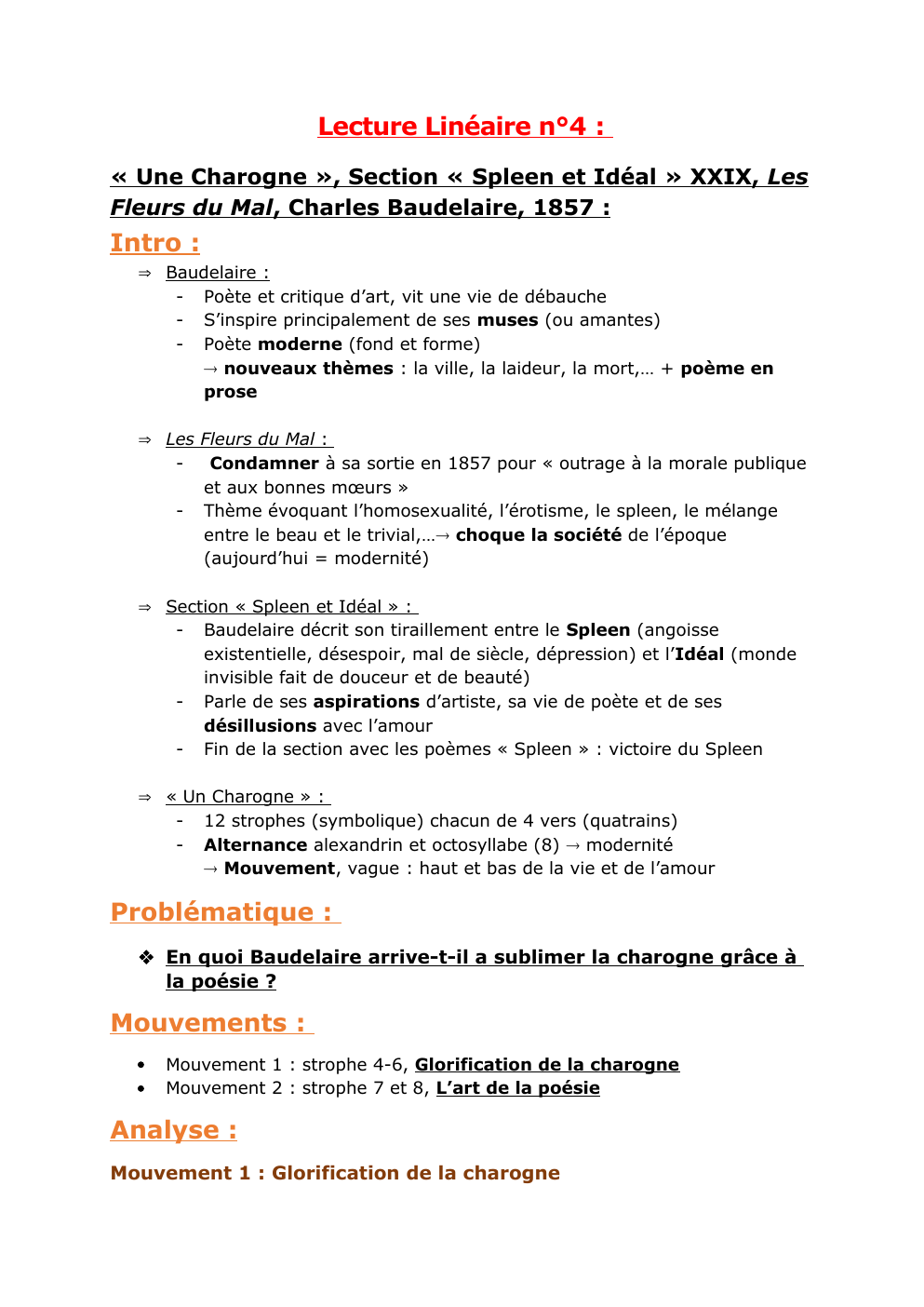 Prévisualisation du document Lecture Linéaire n°4 : « Une Charogne », Section « Spleen et Idéal » XXIX, Les Fleurs du Mal, Charles Baudelaire, 1857
